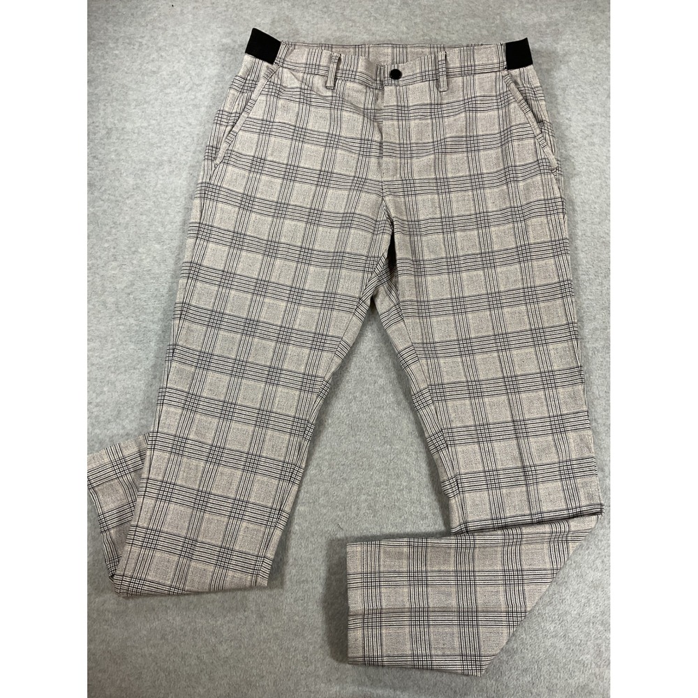 Zara Mens Gray Plaid Slim Fit Trousers Elastic Waist Dress Pants Size L 32 2770